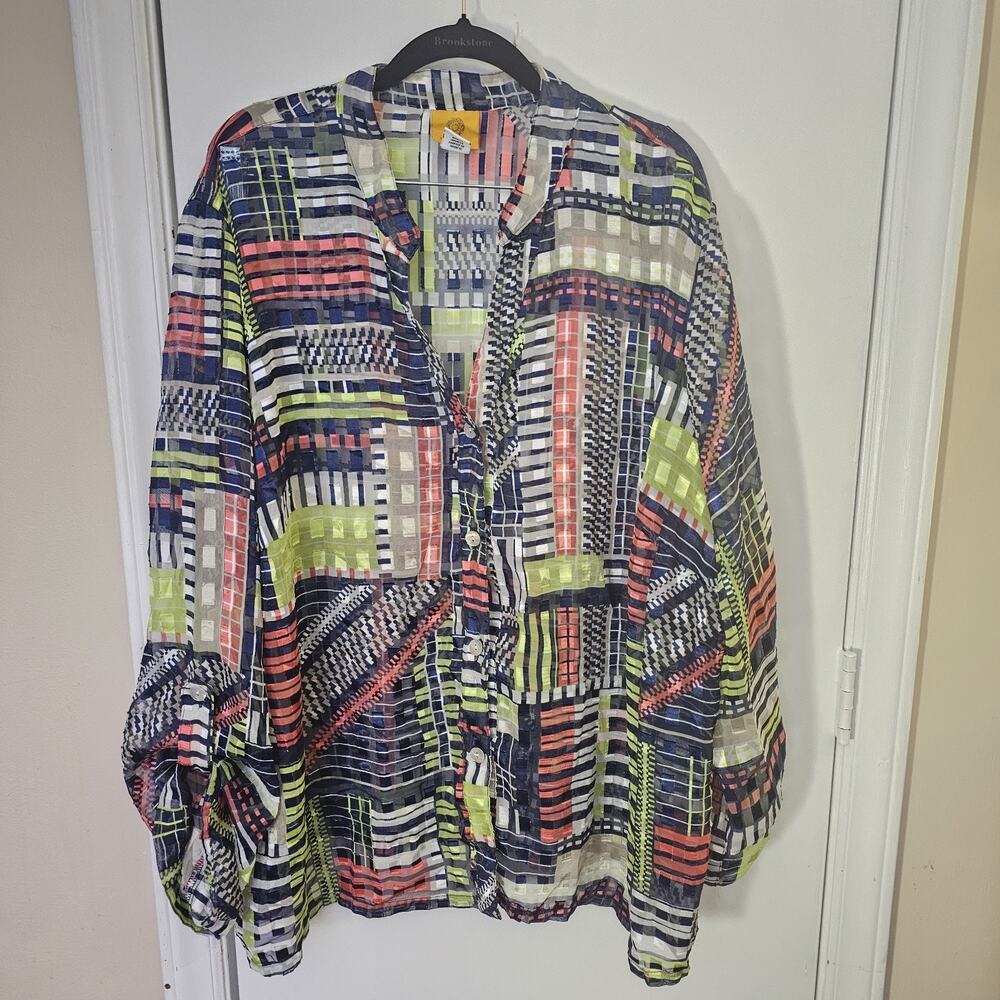 Ruby Rd Patchwork Abstract Print Sheer Button Up … - image 1